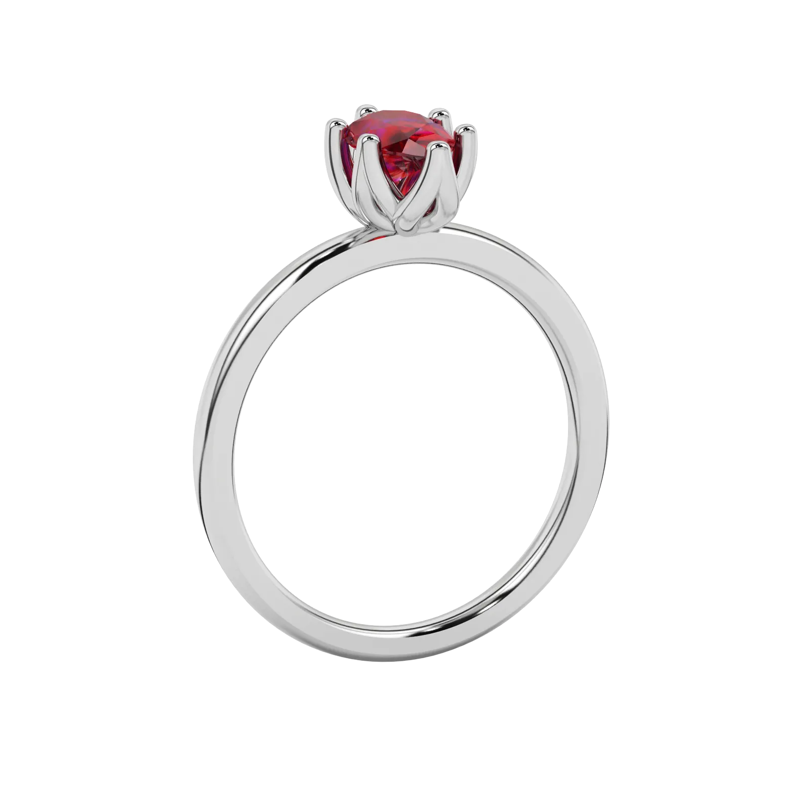 Side profile, white gold raspberry red ring, scalloped six-prong gallery.