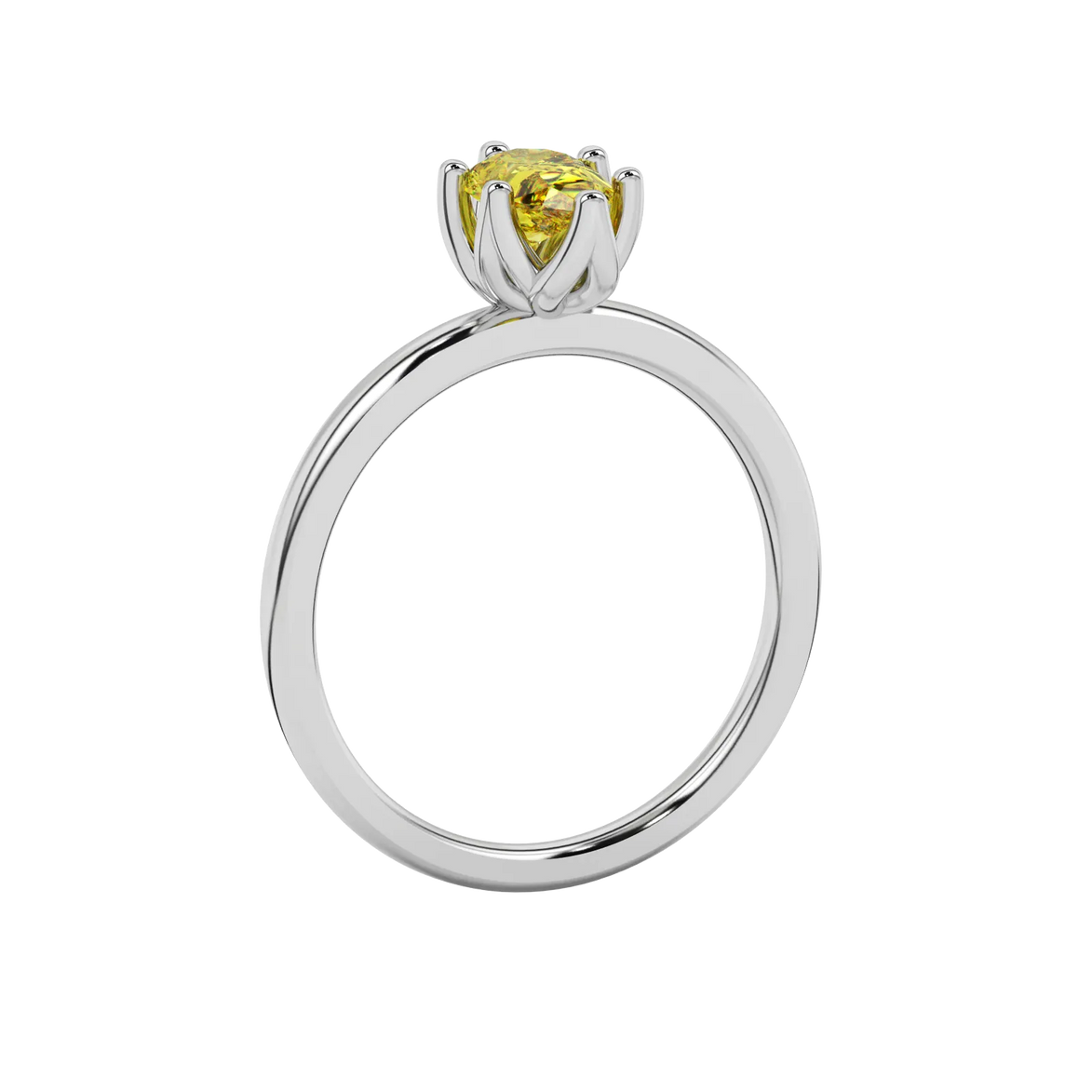Side profile, white gold canary yellow ring, scalloped six-prong gallery.