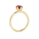 Side profile, yellow gold raspberry red ring, scalloped six-prong gallery.