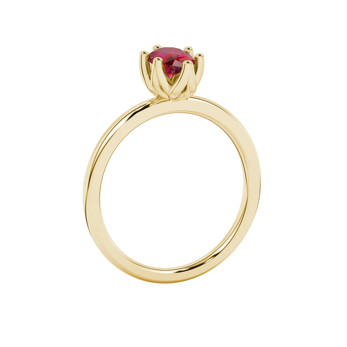 Side profile, yellow gold raspberry red ring, scalloped six-prong gallery.