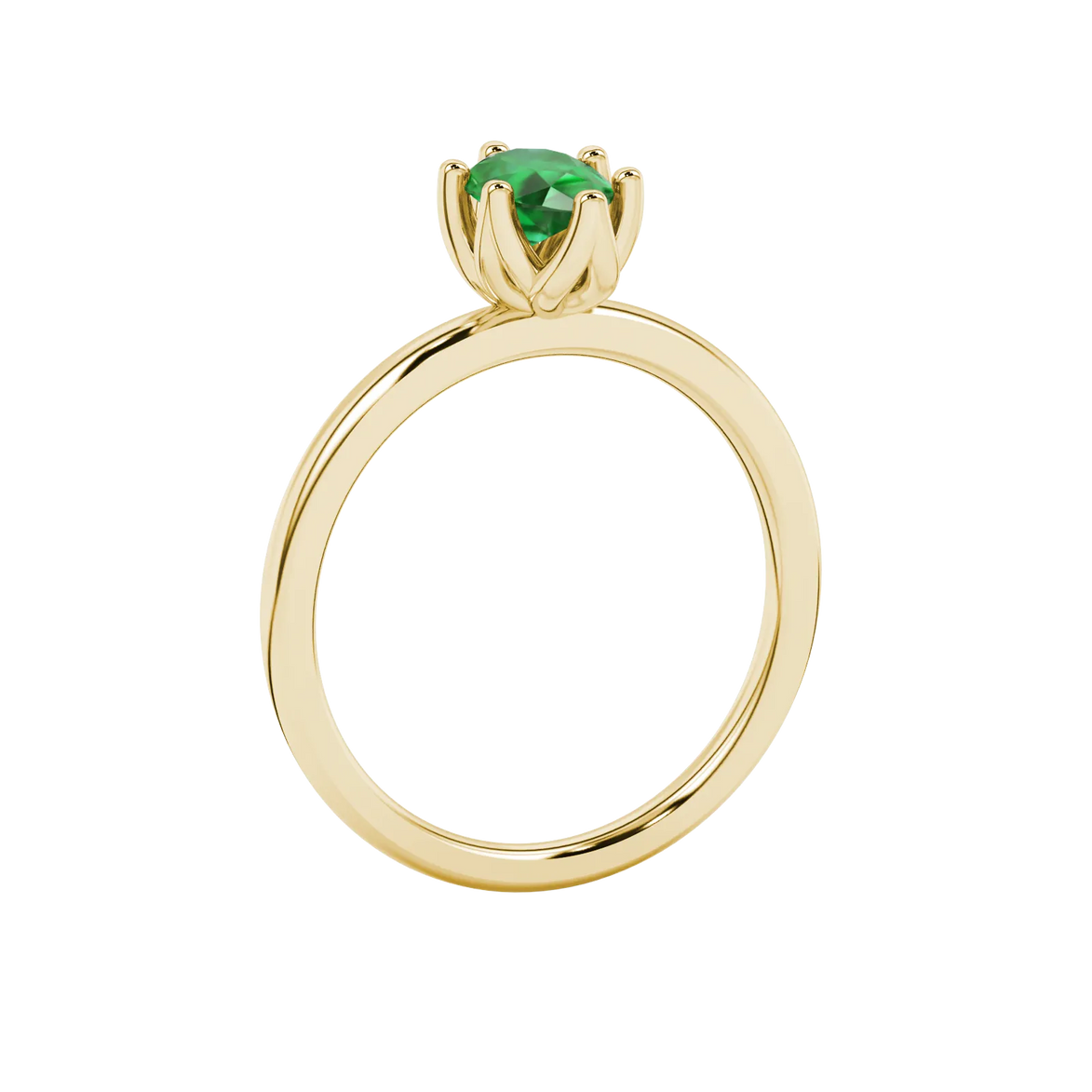 Side profile, yellow gold emerald green ring, scalloped six-prong gallery.