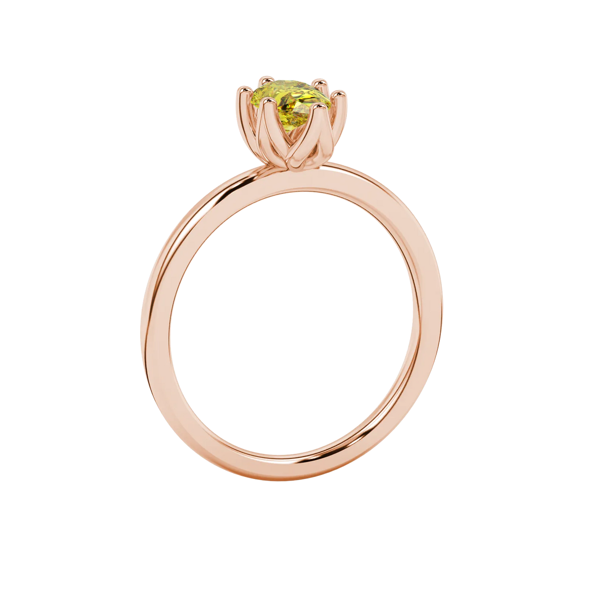 Side profile, rose gold canary yellow ring, scalloped six-prong gallery.