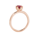 Side profile, rose gold raspberry red ring, scalloped six-prong gallery.