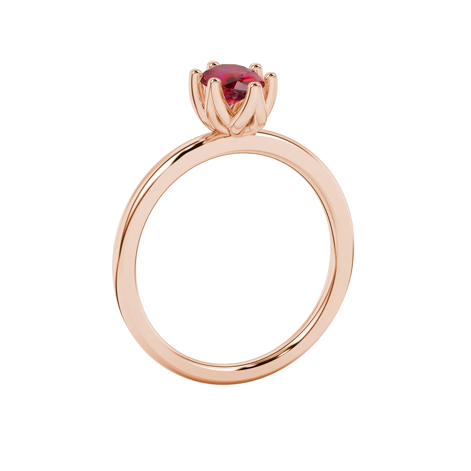 Side profile, rose gold raspberry red ring, scalloped six-prong gallery.