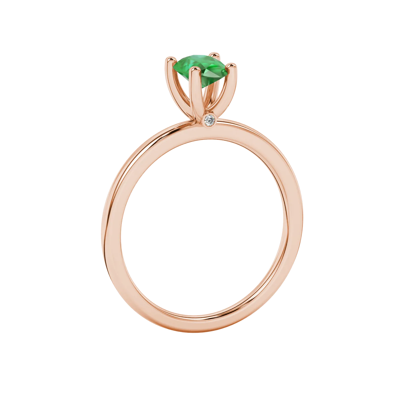 Side profile, rose gold emerald green ring, surprise diamond gallery.