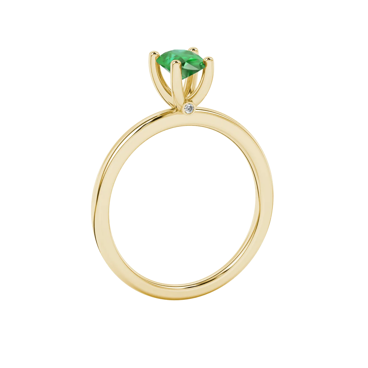 Side profile, yellow gold emerald green ring, surprise diamond gallery.