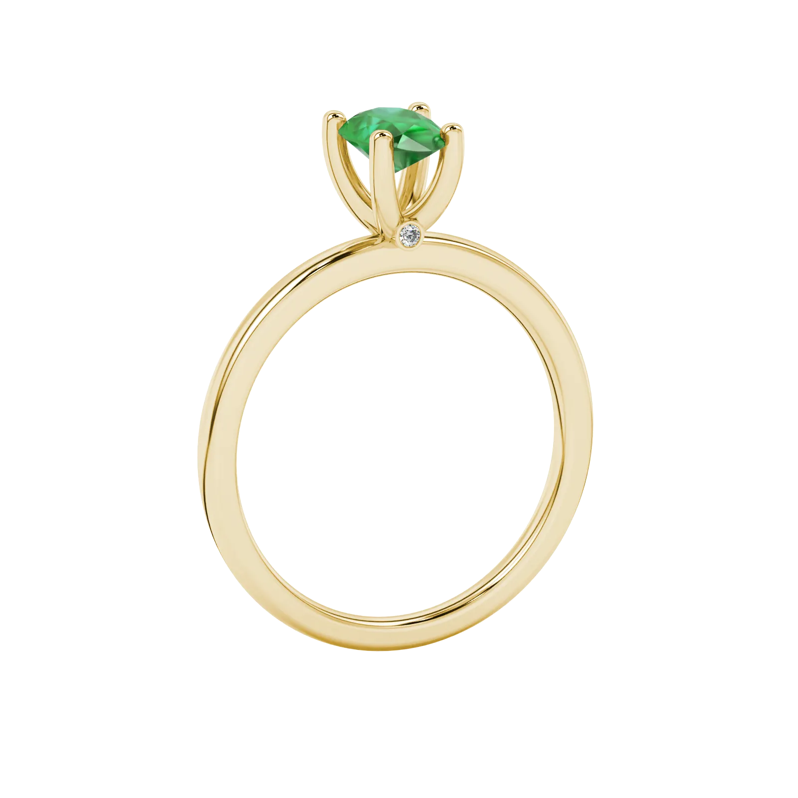 Side profile, yellow gold emerald green ring, surprise diamond gallery.
