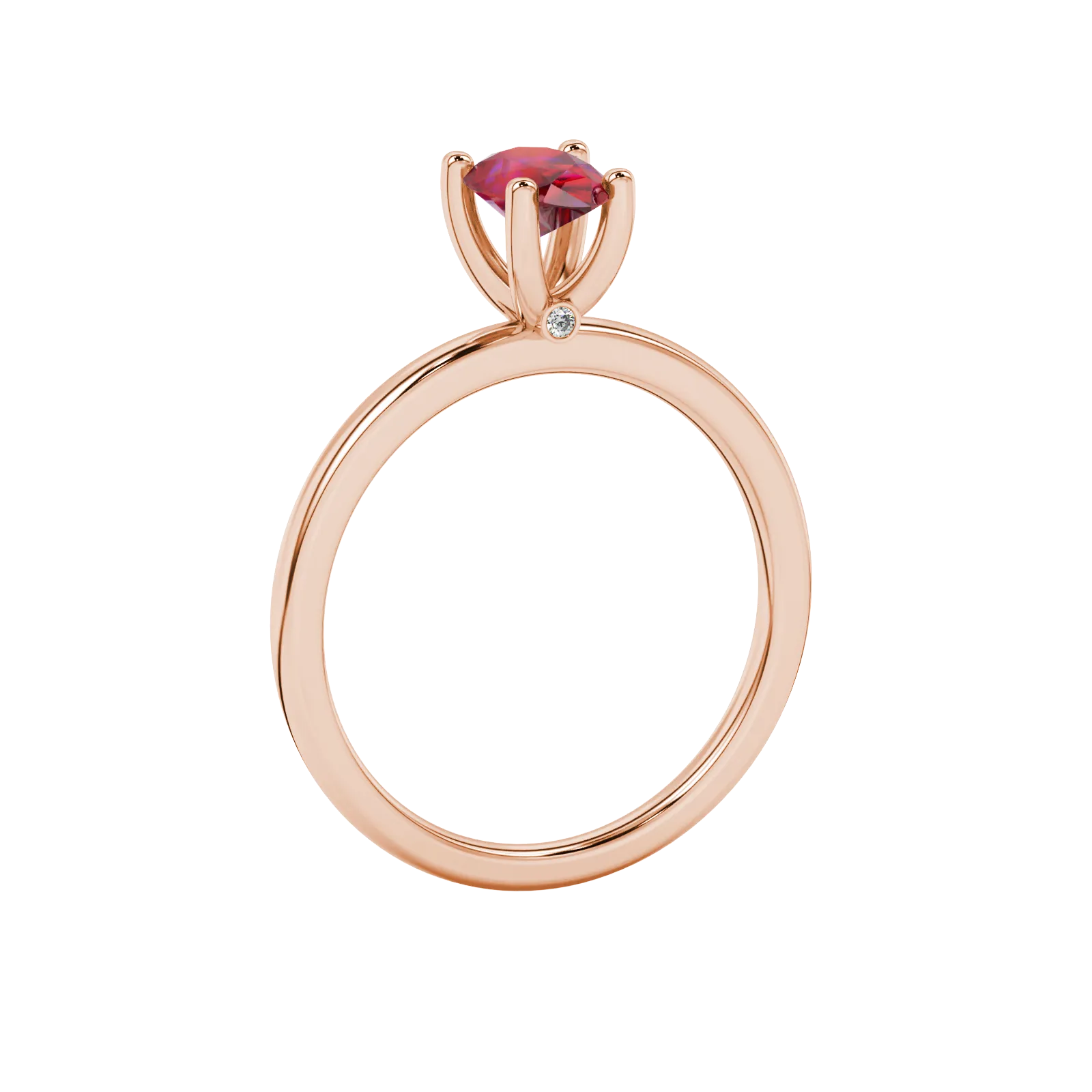 Side profile, rose gold raspberry red ring, surprise diamond gallery.