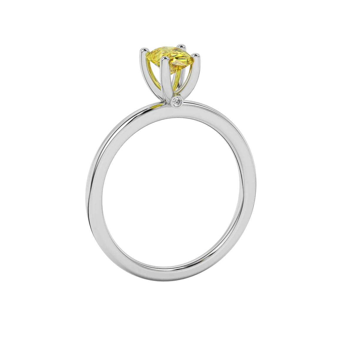 Side profile, white gold canary yellow ring, surprise diamond gallery.