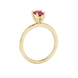 Pear shape raspberry red gemstone ring, yellow gold surprise diamond setting.