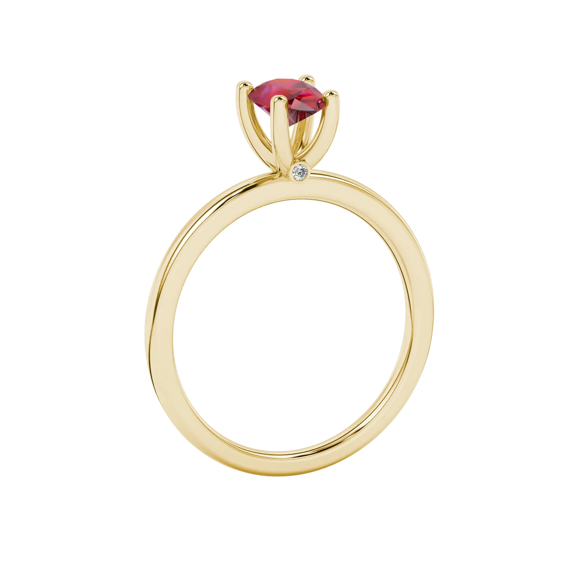 Pear shape raspberry red gemstone ring, yellow gold surprise diamond setting.