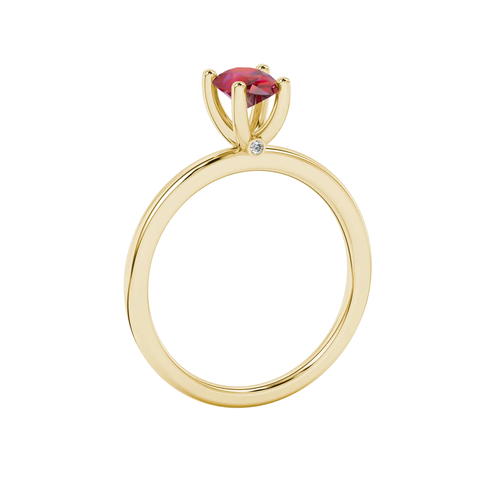 Pear shape raspberry red gemstone ring, yellow gold surprise diamond setting.