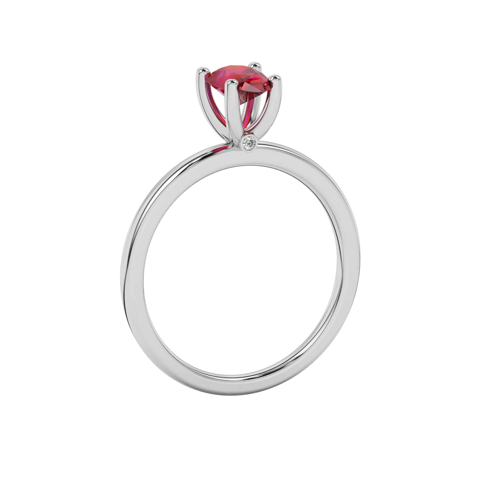 Side profile, white gold raspberry red ring, surprise diamond gallery.