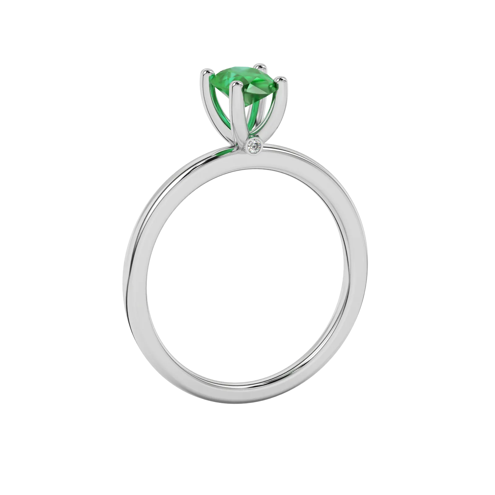 Side profile, white gold emerald green ring, surprise diamond gallery.