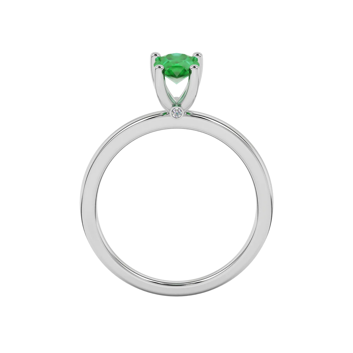 Pear shape emerald green gemstone ring, white gold surprise diamond setting