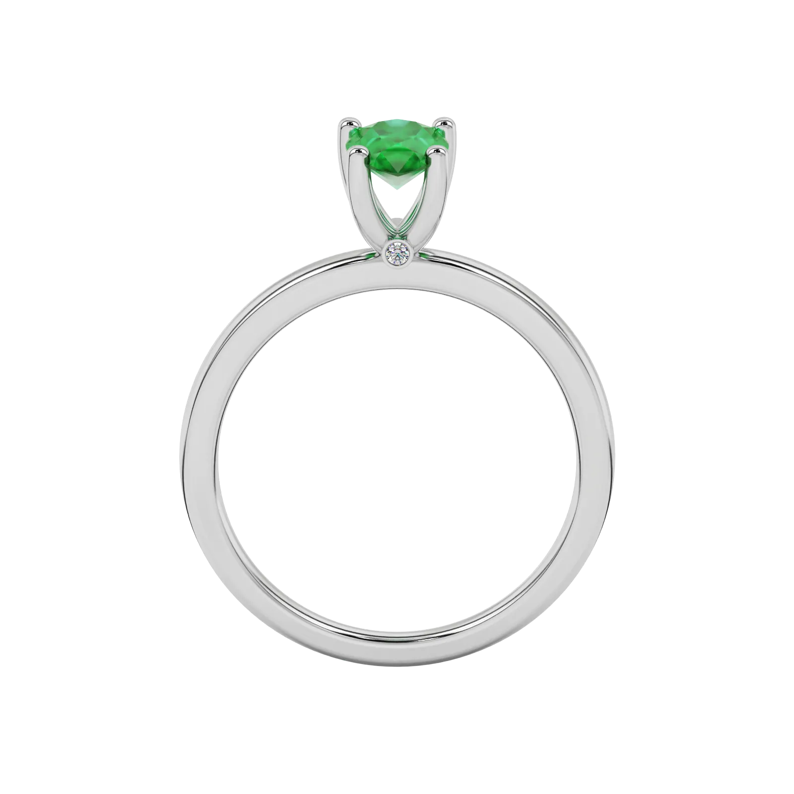 Pear shape emerald green gemstone ring, white gold surprise diamond setting