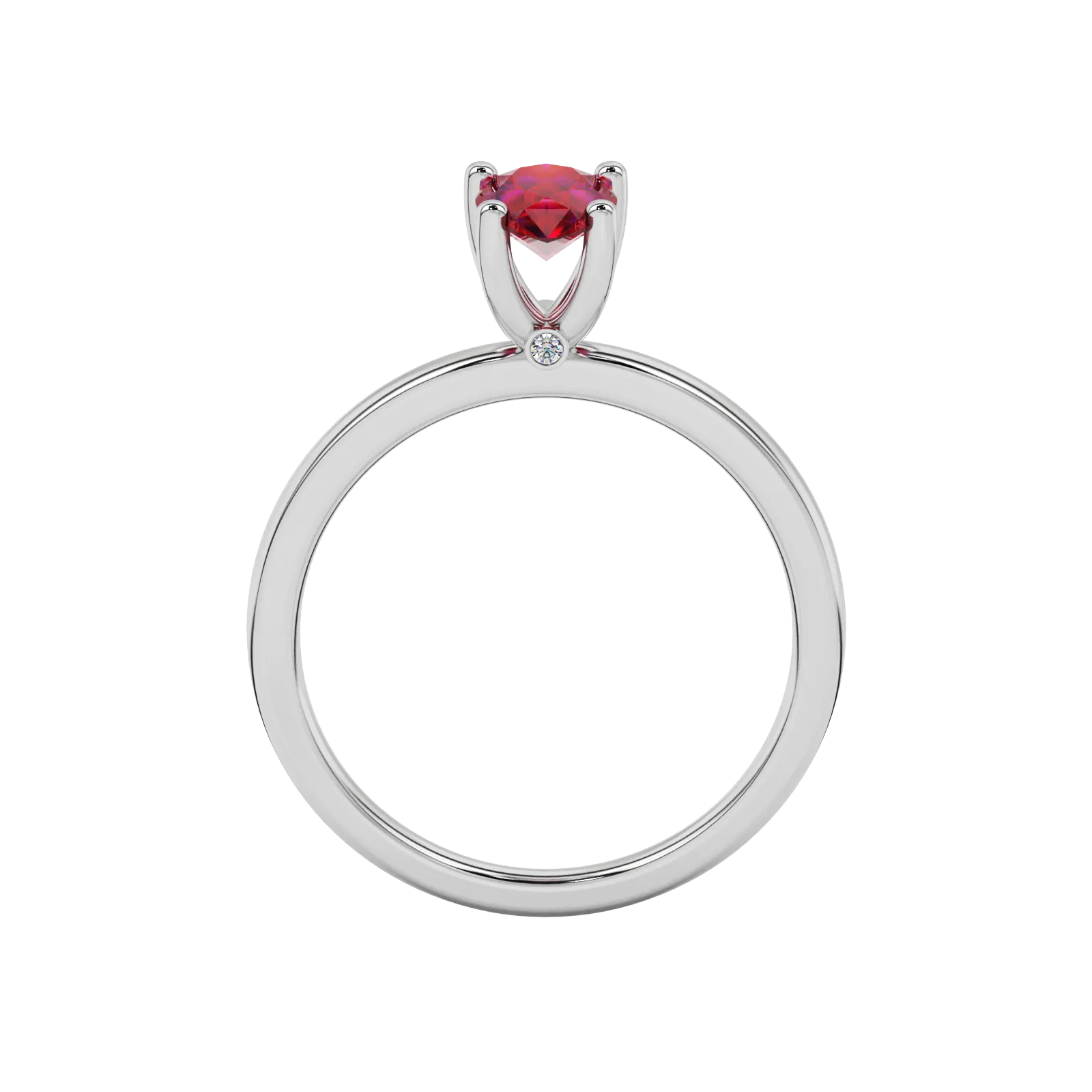 Pear shape raspberry red gemstone ring, white gold surprise diamond setting.