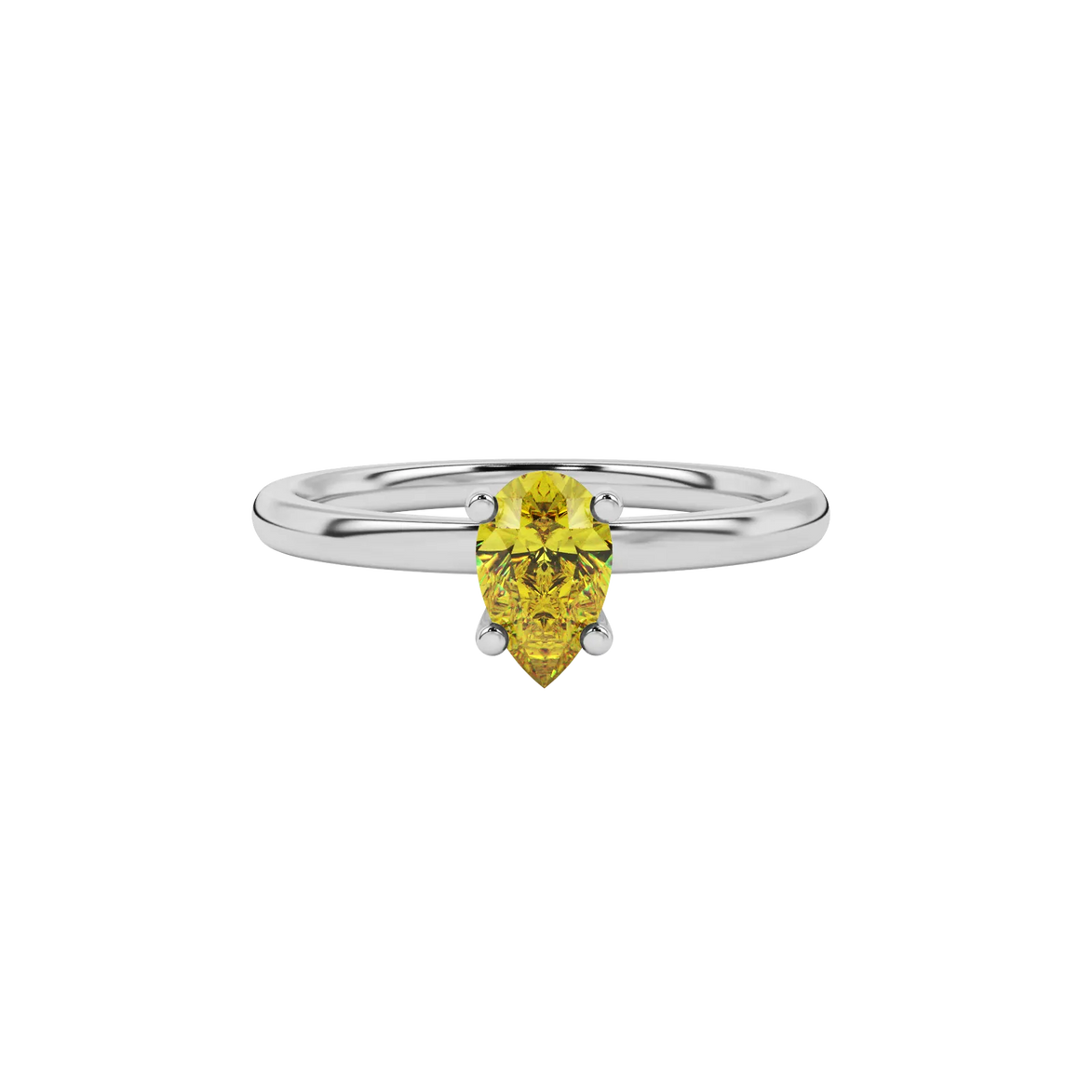 Close-up canary yellow gemstone pendant, white gold surprise diamond setting.