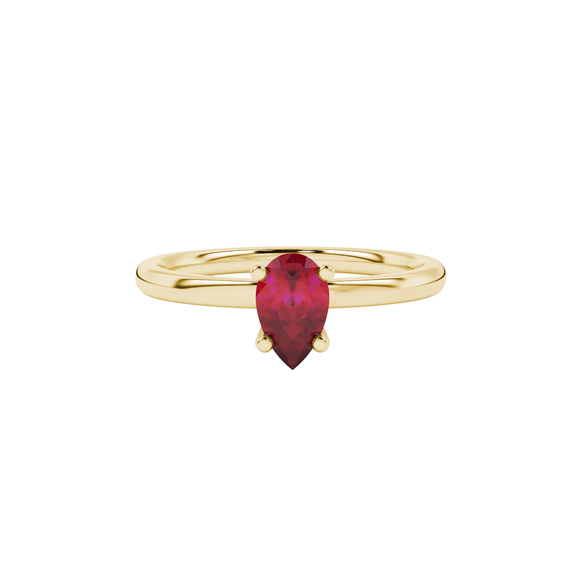 Close-up, pear shape raspberry red gemstone, yellow gold surprise diamond ring.