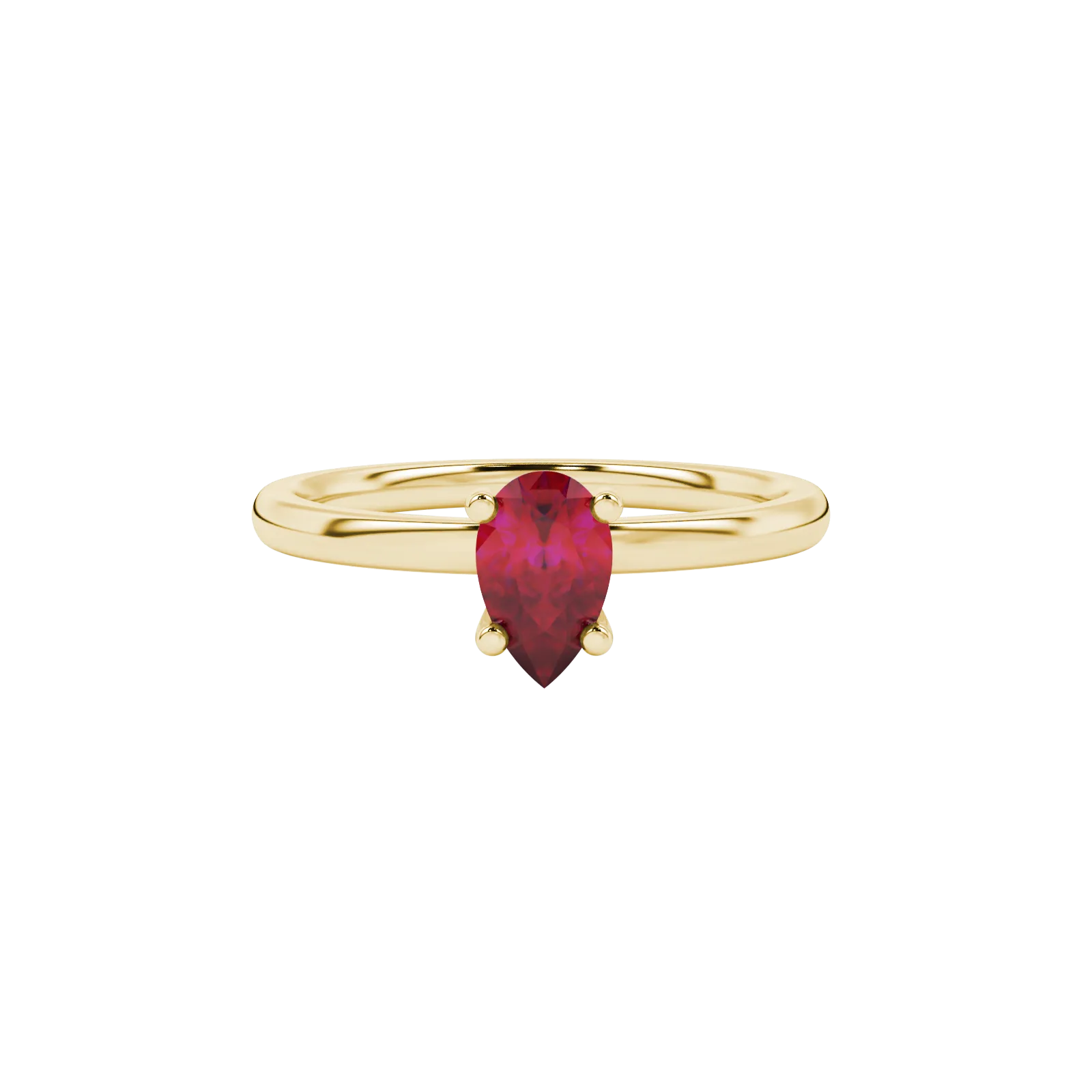 Close-up, pear shape raspberry red gemstone, yellow gold surprise diamond ring.