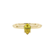 Close-up, pear shape canary yellow gemstone, yellow gold surprise diamond ring.