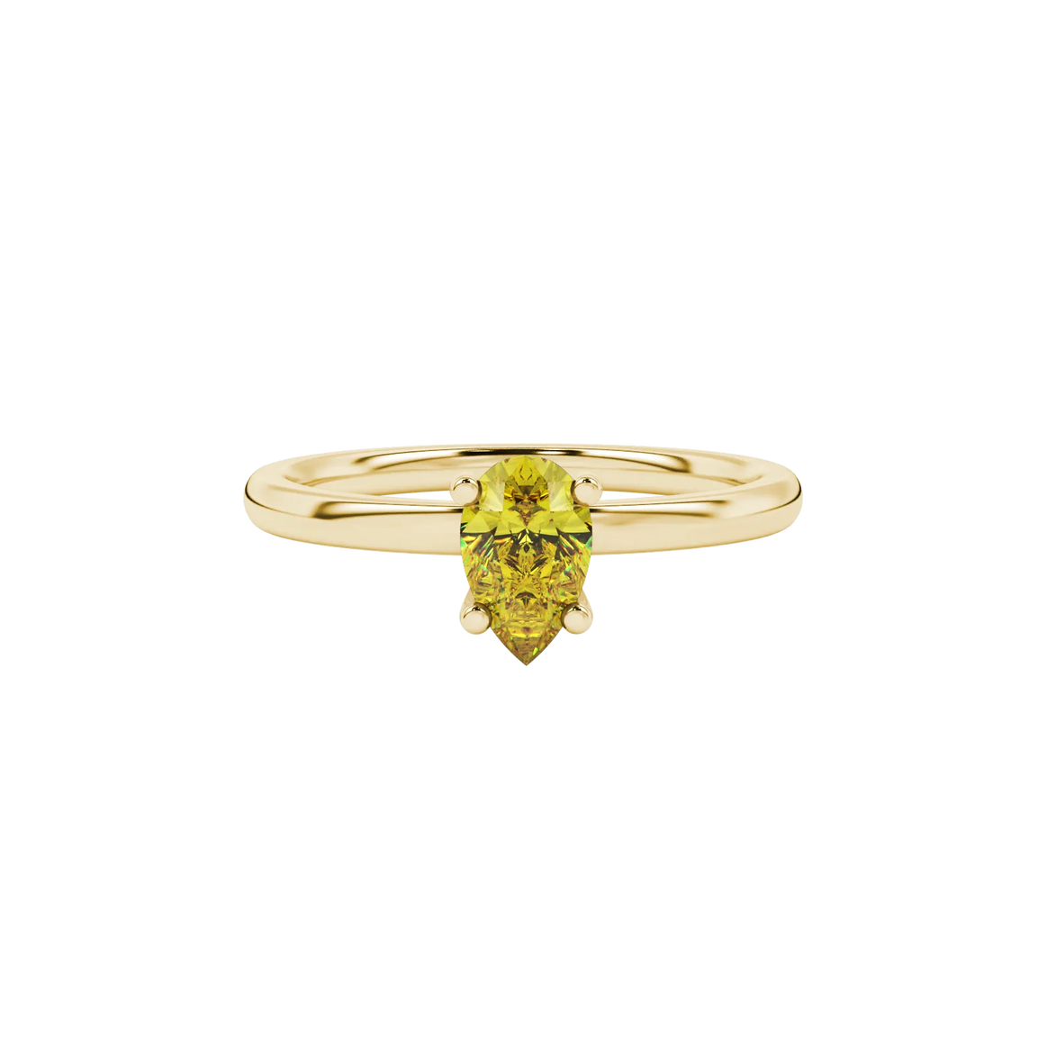Close-up, pear shape canary yellow gemstone, yellow gold surprise diamond ring.