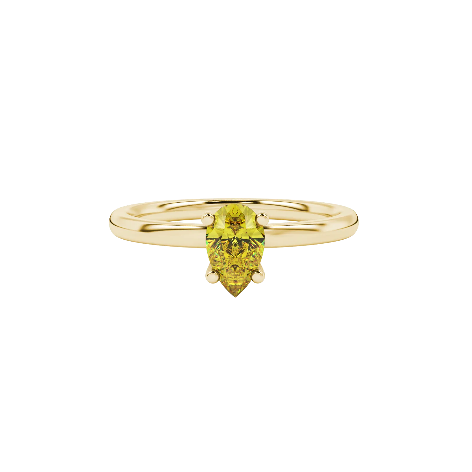 Close-up, pear shape canary yellow gemstone, yellow gold surprise diamond ring.