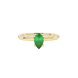 Close-up, pear shape emerald green gemstone, yellow gold surprise diamond ring.
