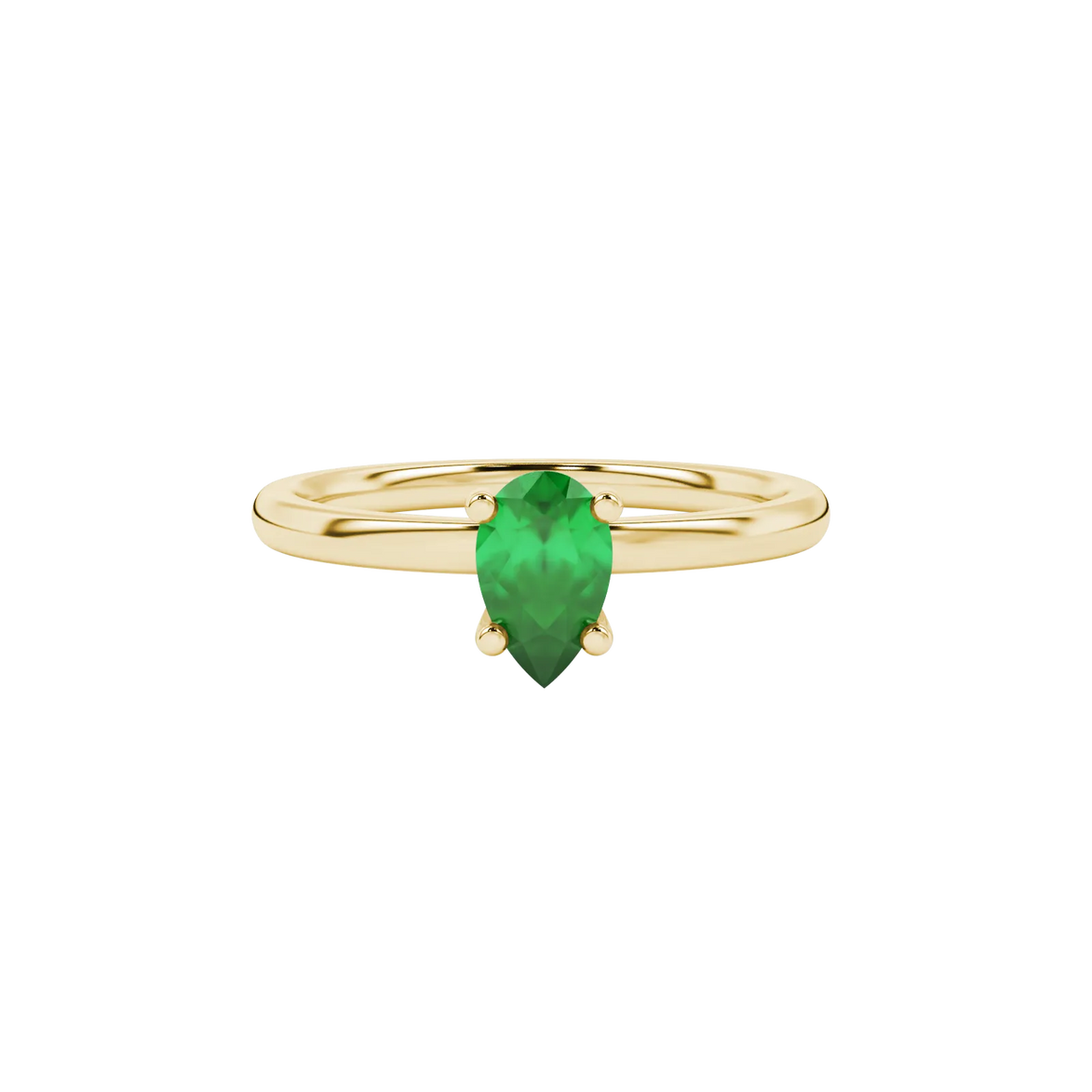Close-up, pear shape emerald green gemstone, yellow gold surprise diamond ring.