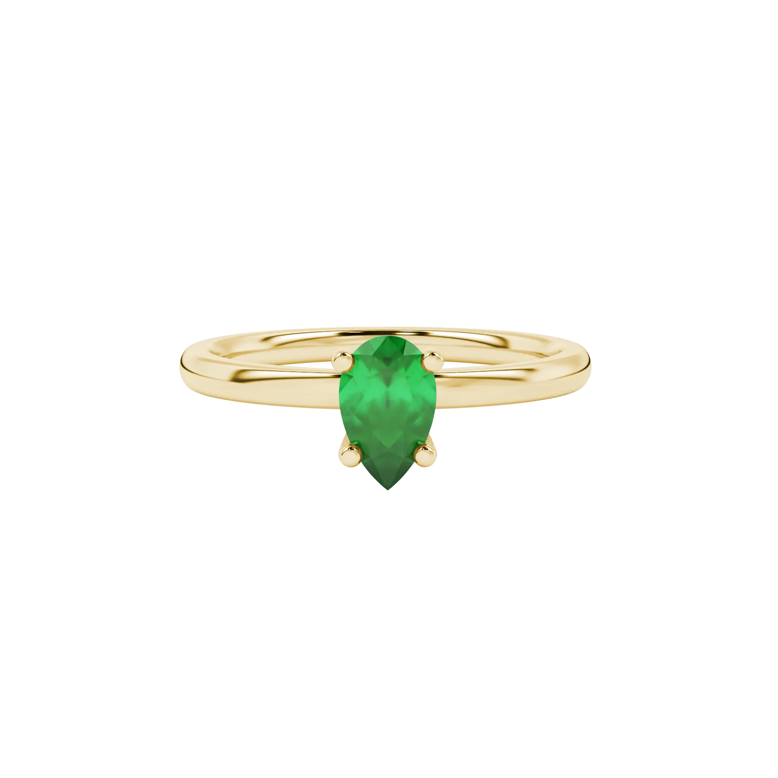 Close-up, pear shape emerald green gemstone, yellow gold surprise diamond ring.