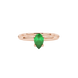 Close-up, pear shape emerald green gemstone ring, rose gold surprise diamond setting.