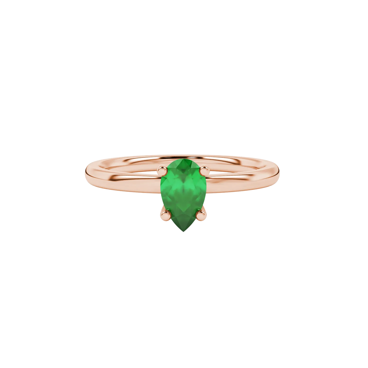 Close-up, pear shape emerald green gemstone ring, rose gold surprise diamond setting.