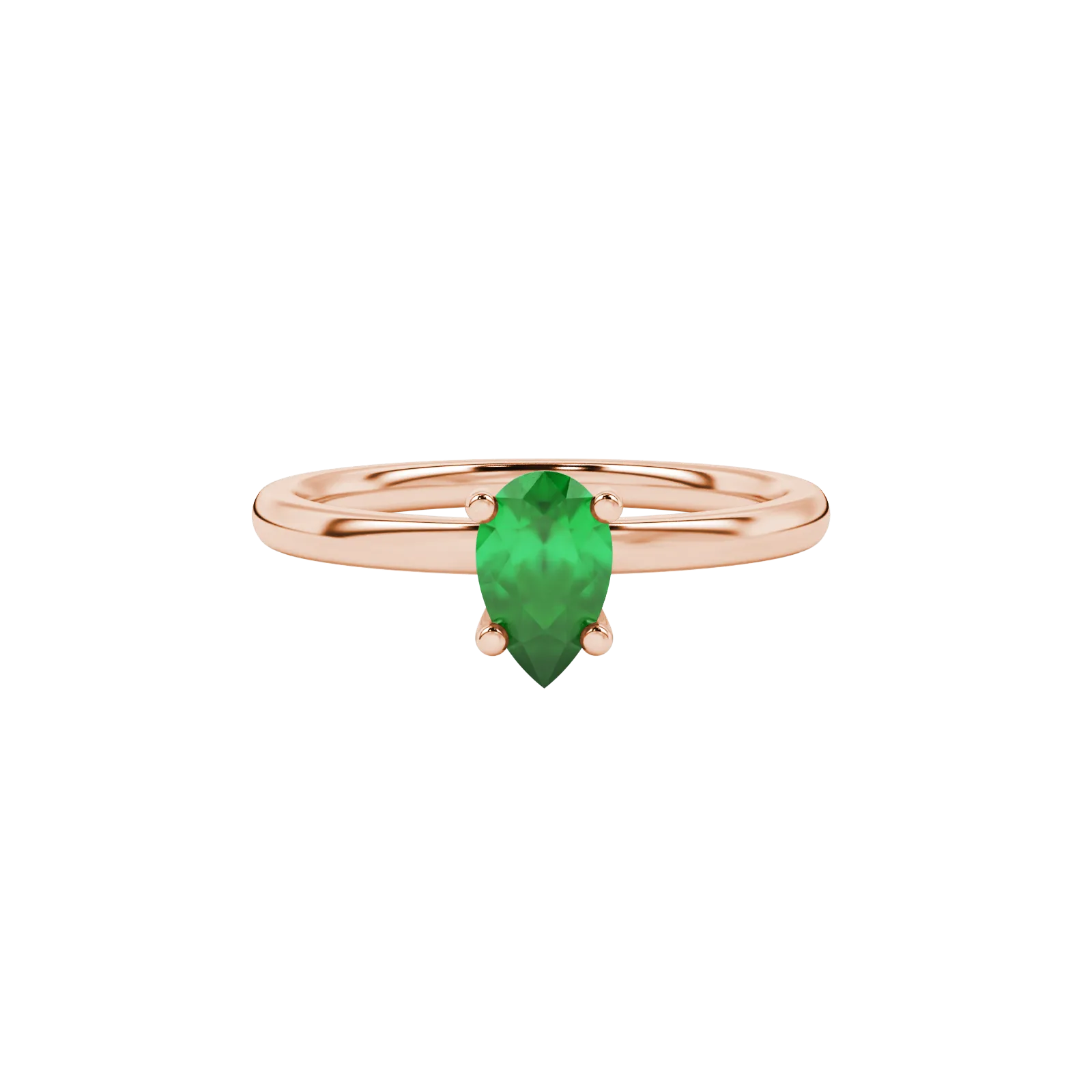 Close-up, pear shape emerald green gemstone ring, rose gold surprise diamond setting.