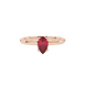 Close-up, pear shape raspberry red gemstone ring, rose gold surprise diamond setting.
