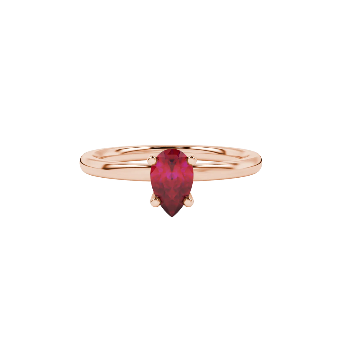 Close-up, pear shape raspberry red gemstone ring, rose gold surprise diamond setting.