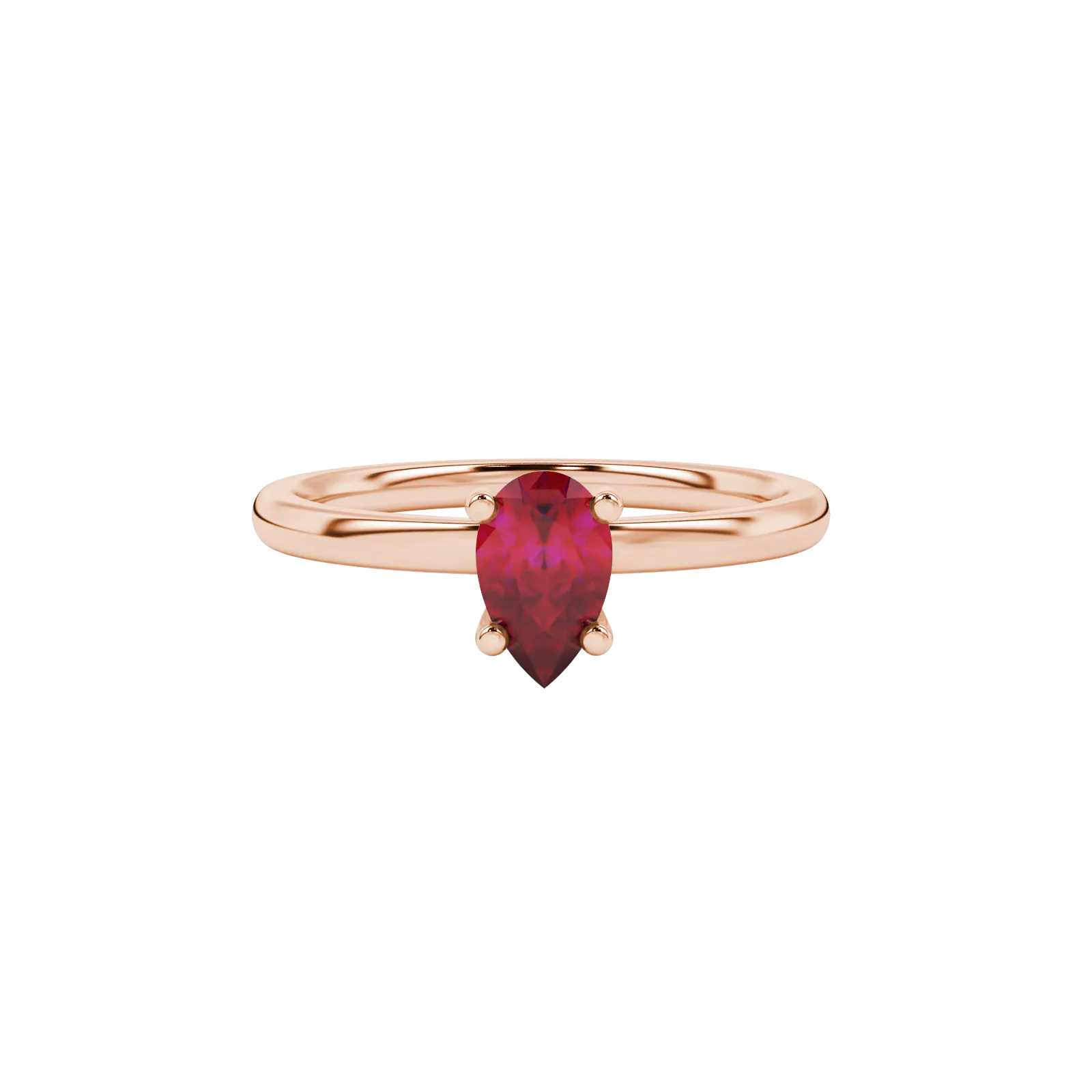 Close-up, pear shape raspberry red gemstone ring, rose gold surprise diamond setting.