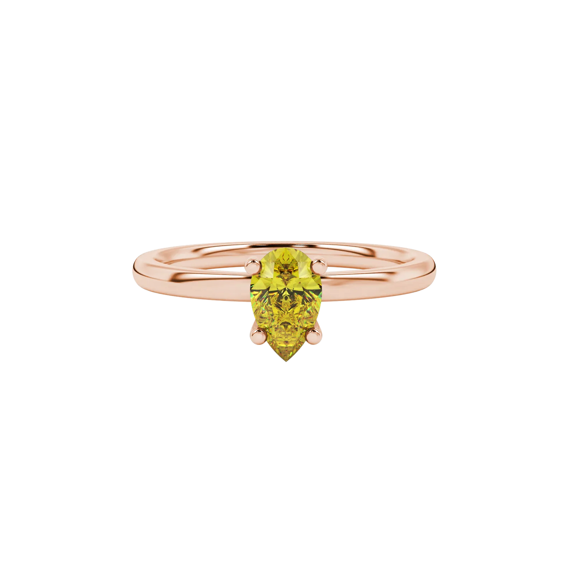 Close-up, pear shape canary yellow gemstone ring, rose gold surprise diamond setting.