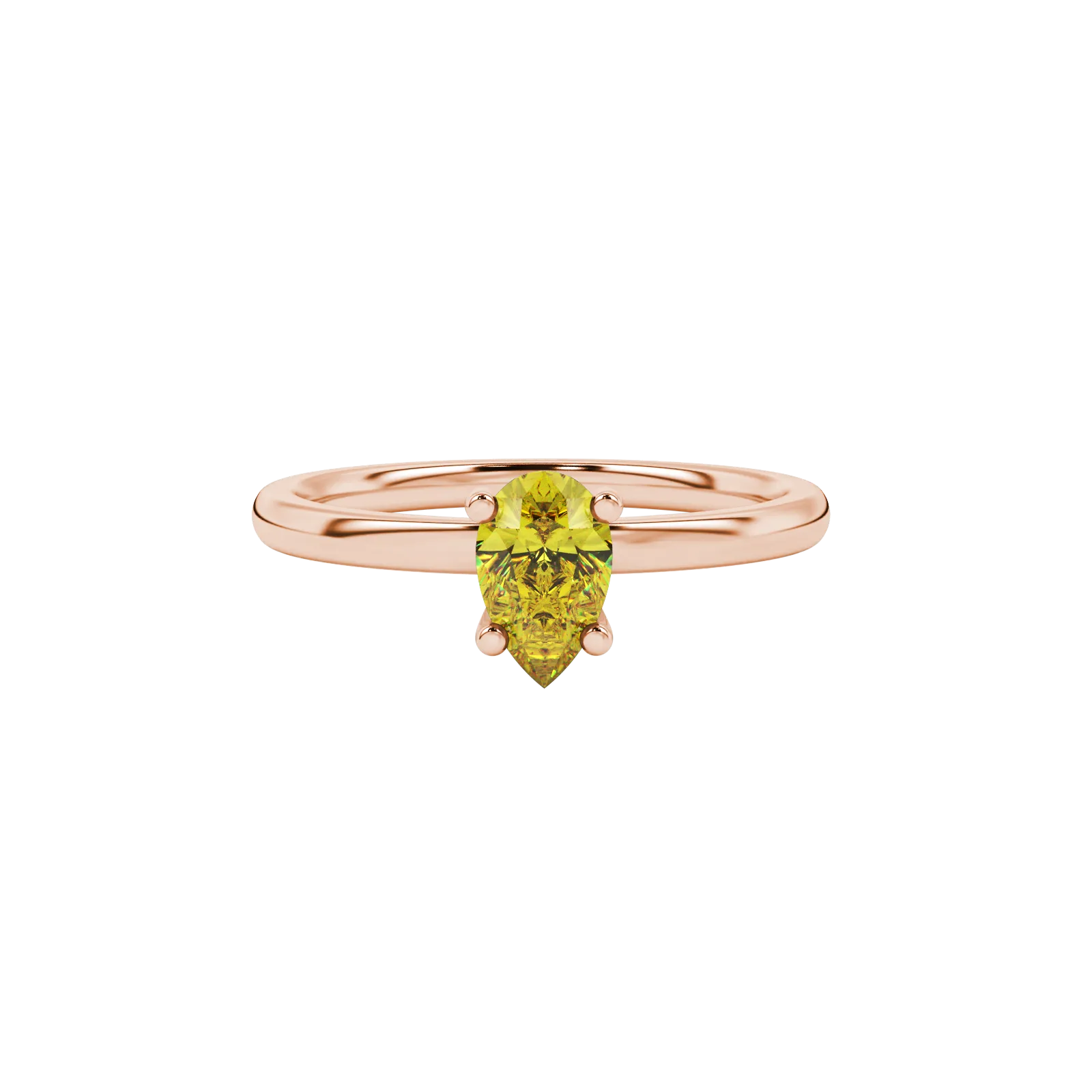 Close-up, pear shape canary yellow gemstone ring, rose gold surprise diamond setting.