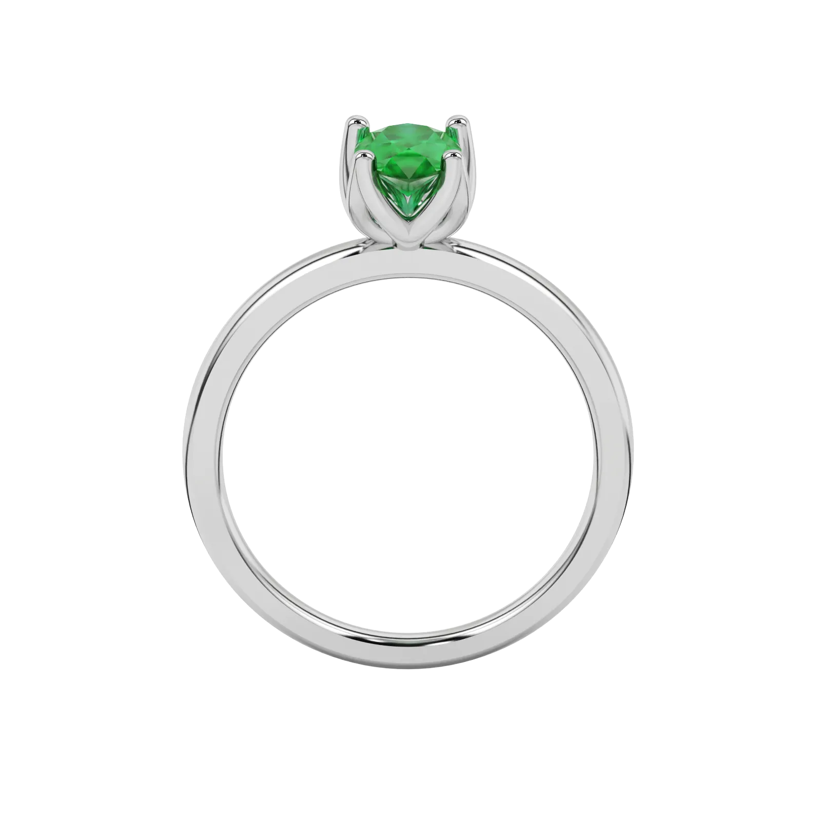 Pear shape emerald green gemstone ring, white gold tulip basket setting.