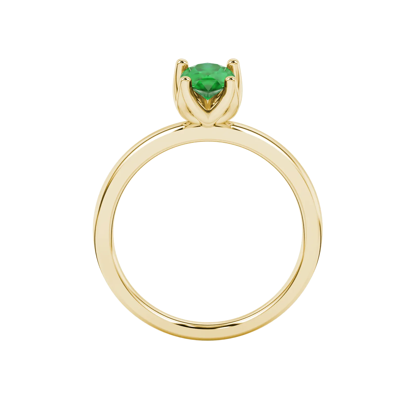 Pear shape emerald green gemstone ring, yellow gold tulip basket setting.