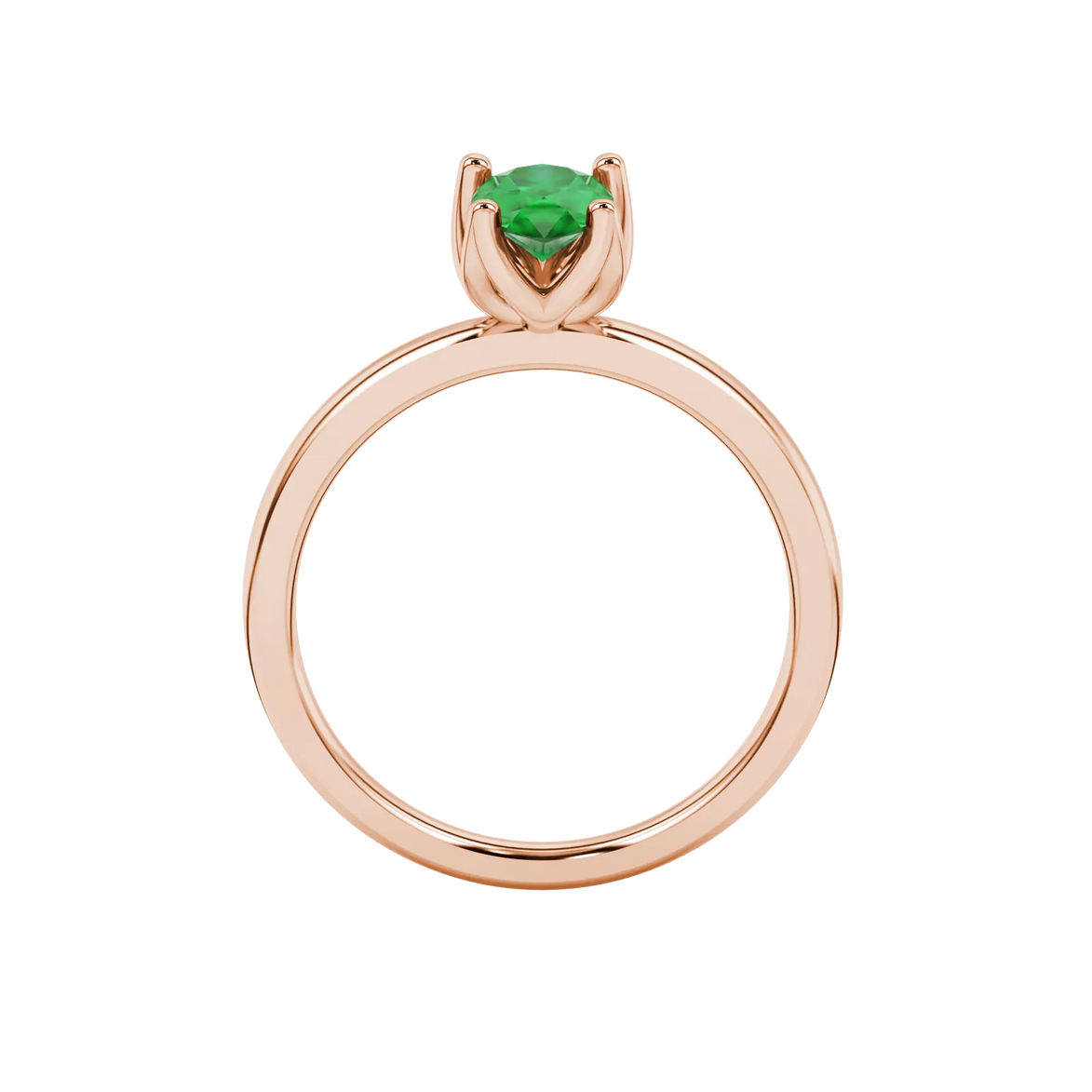 Pear shape emerald green gemstone ring, rose gold tulip basket setting.