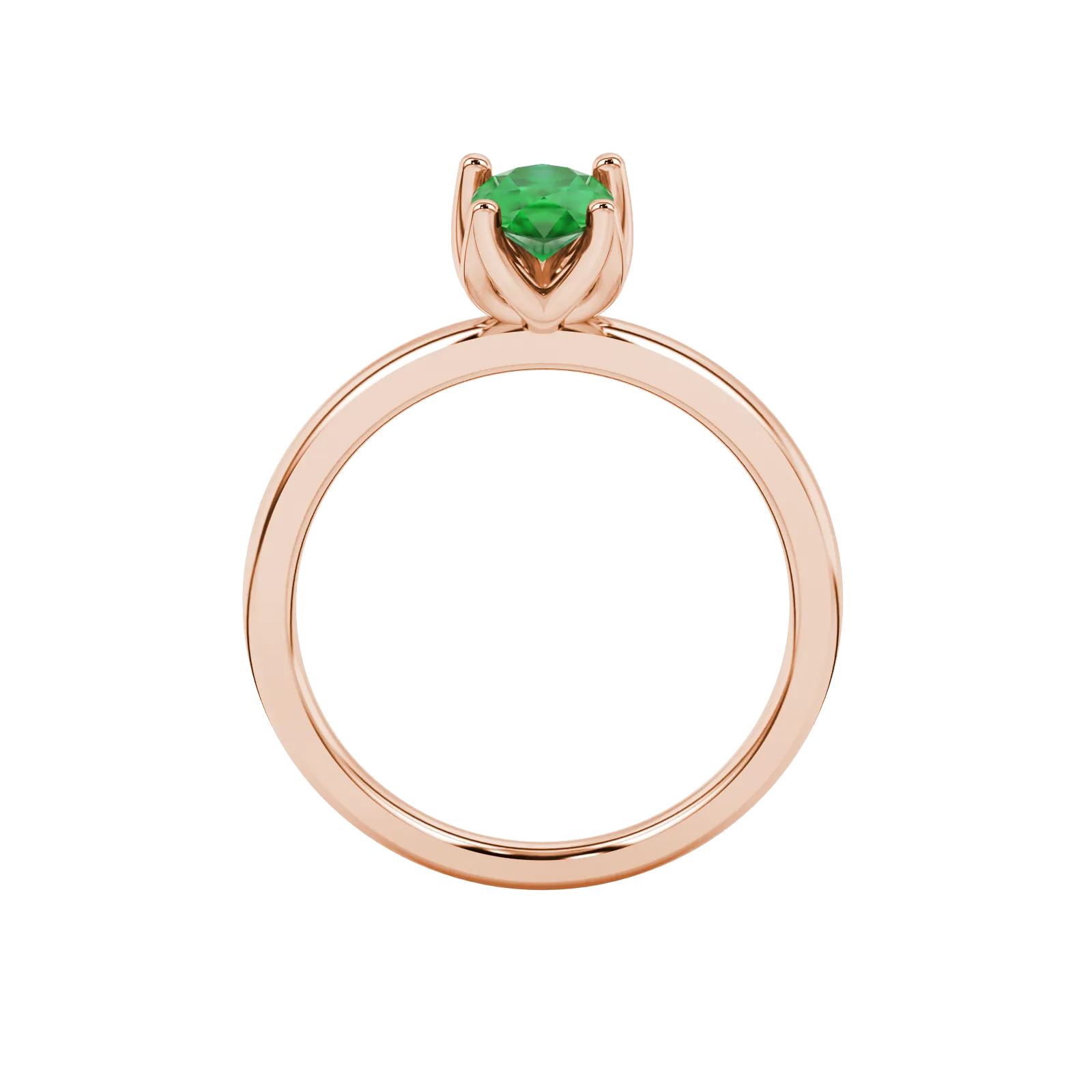 Pear shape emerald green gemstone ring, rose gold tulip basket setting.