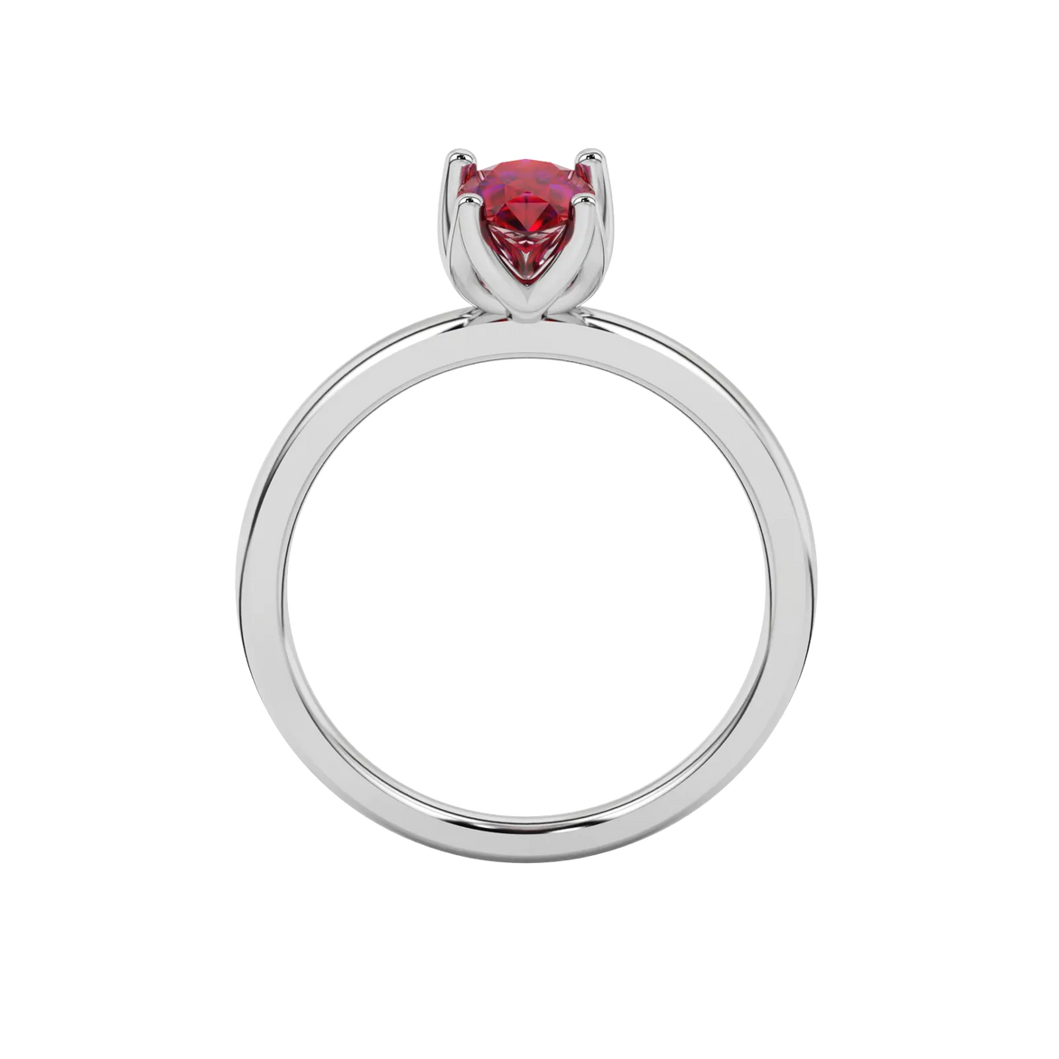 Pear shape raspberry red gemstone ring, white gold tulip basket setting.