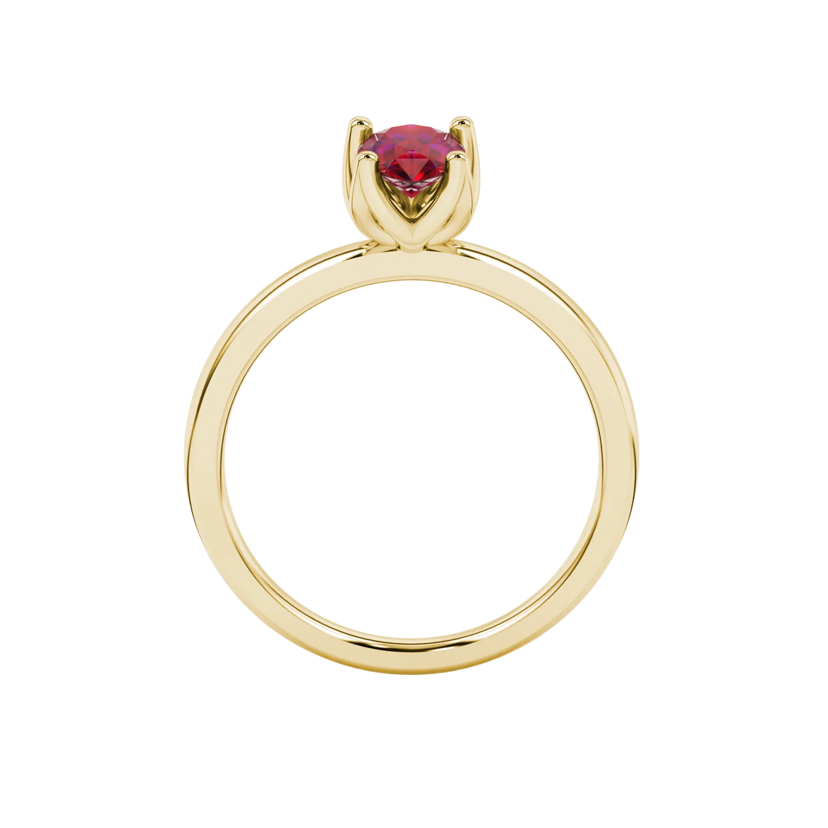 Pear shape raspberry red gemstone ring, yellow gold tulip basket setting.