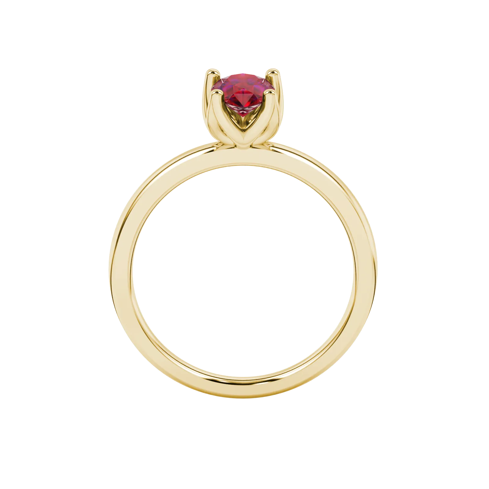 Pear shape raspberry red gemstone ring, yellow gold tulip basket setting.
