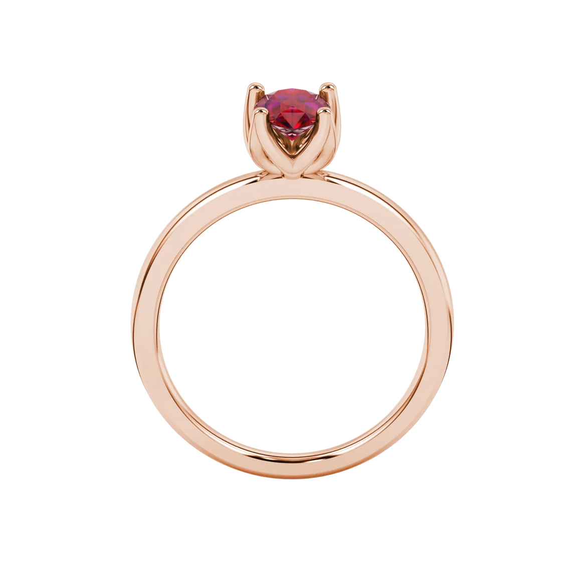 Pear shape raspberry red gemstone ring, rose gold tulip basket setting.