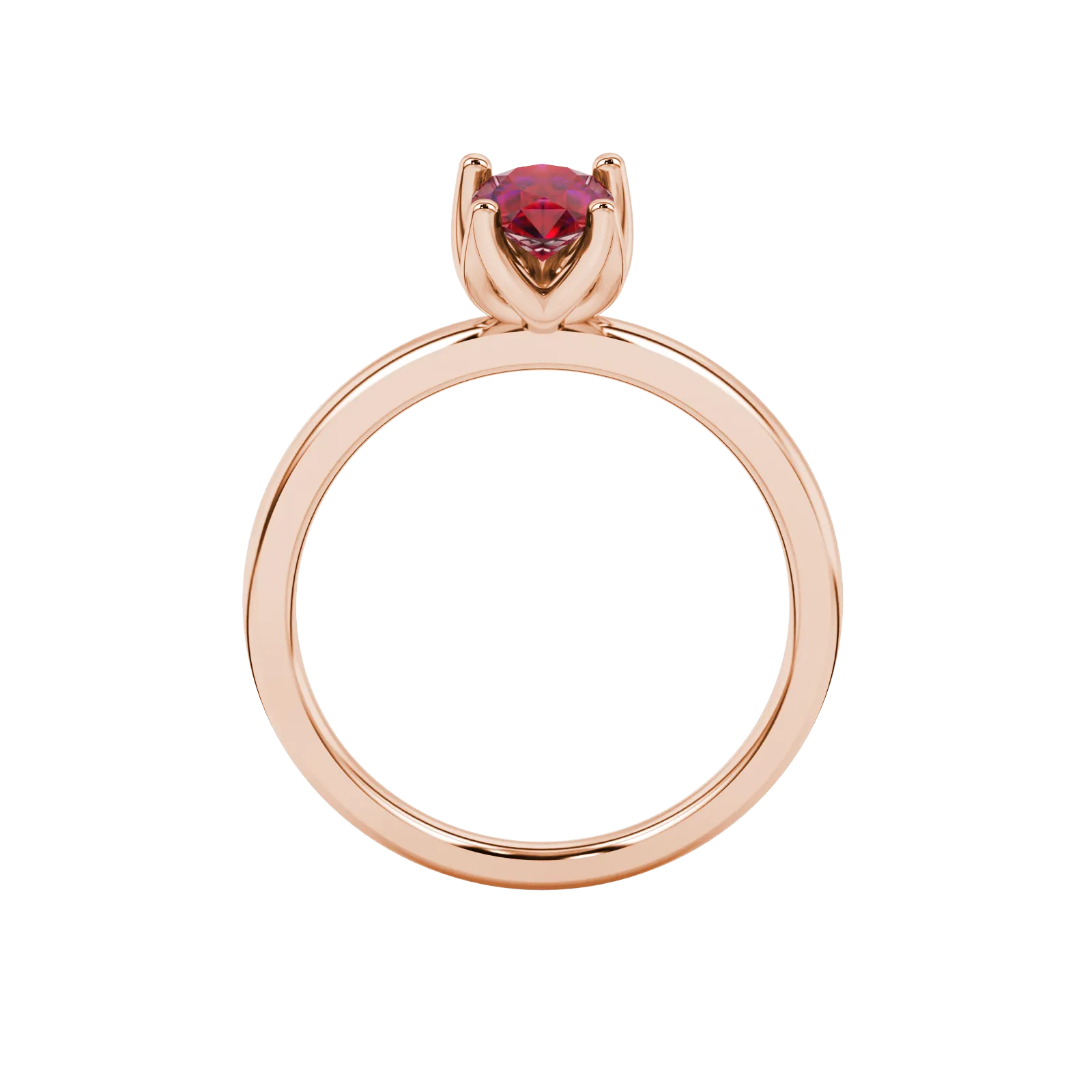 Pear shape raspberry red gemstone ring, rose gold tulip basket setting.