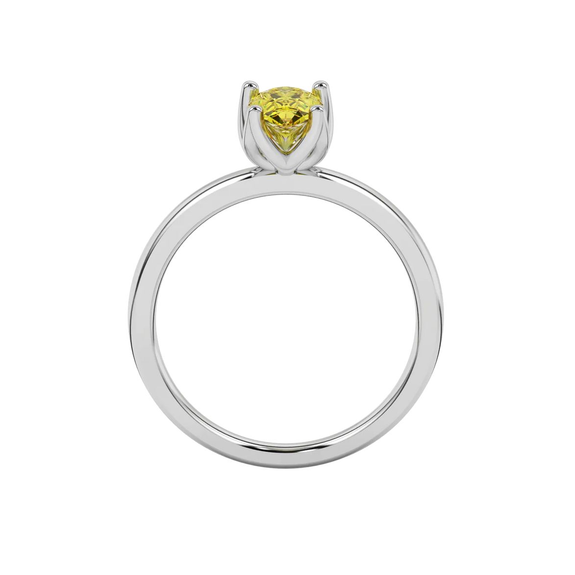 Pear shape canary yellow gemstone ring, white gold tulip basket setting.