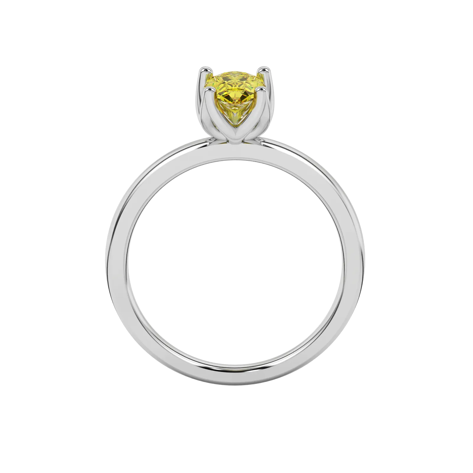 Pear shape canary yellow gemstone ring, white gold tulip basket setting.
