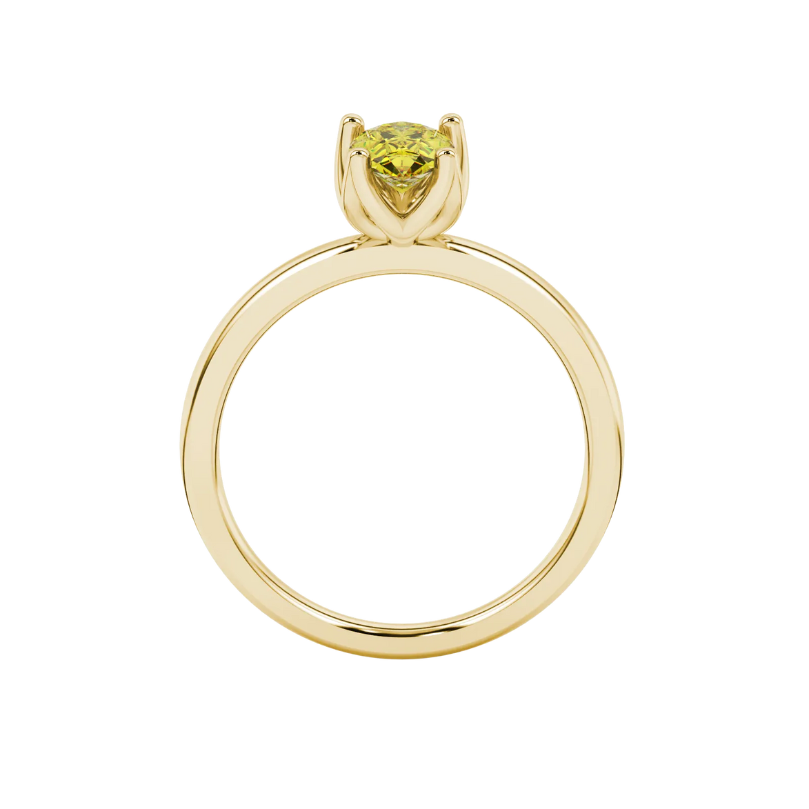 Pear shape canary yellow gemstone ring, yellow gold tulip basket setting.